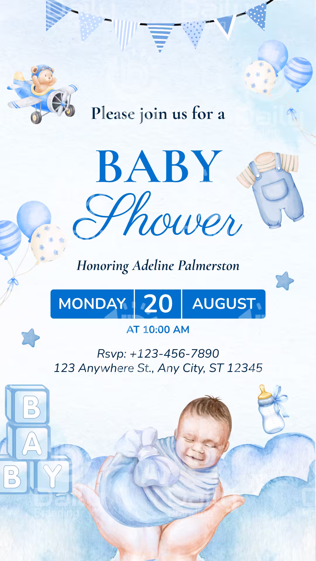 Gentle Sky Blue Watercolor Baby Shower Card | Sleeping Baby Nursery Theme Invitation | DBI- 30