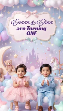 Twins First Birthday Invitation | 3D Animated Boy Girl Twin Pastel Cloud Balloon Theme | DBI-03 Alternate